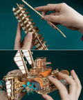 Hands assembling Ultimate 3D Wooden Puzzle Kit For DIYers, Handcrafted Spaceship Model, Steampunk Airship Build With 400 Plus Precision Cut Parts