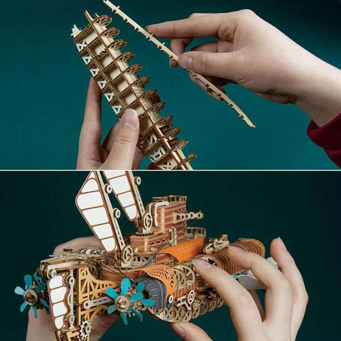 Hands assembling Ultimate 3D Wooden Puzzle Kit For DIYers, Handcrafted Spaceship Model, Steampunk Airship Build With 400 Plus Precision Cut Parts