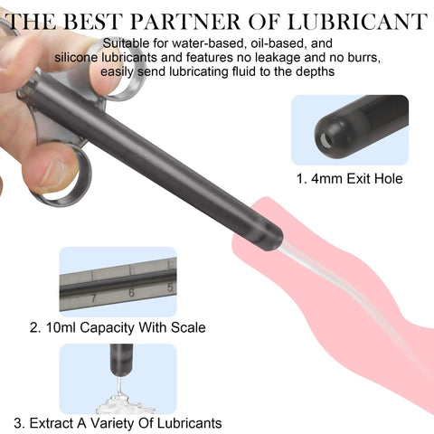 6.5 Inch Lube Shooter With Air Proof Silicone Cap Reusable Lube Tube Applicator 10ml Precise Scale For Anal And Vaginal Lubricant Syringe Ideal For Women Men Couples Eco Safe ABS Includes Storage Bag Black shown with 1.4mm exit hole detail