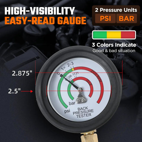 Exhaust Back Pressure Tester Kit With Carrying Case For Cars, Pro Grade Back Pressure Gauge Set, 6 Foot High Temp Hose, Car Diagnostic Tool With Adapters And 2 Hose Clamps, Garage Ready, 2.5-inch gauge