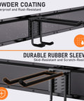 Powder-coated hooks on Garage Tool Organizer Wall Mount Kit, 48 Inch Heavy Duty Storage Rack, featuring rust-resistant coating.