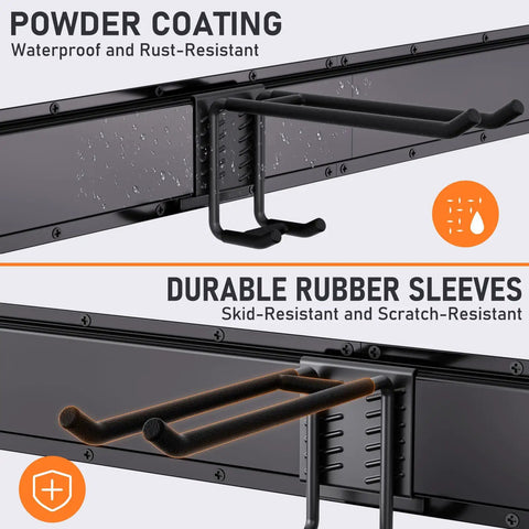Powder-coated hooks on Garage Tool Organizer Wall Mount Kit, 48 Inch Heavy Duty Storage Rack, featuring rust-resistant coating.