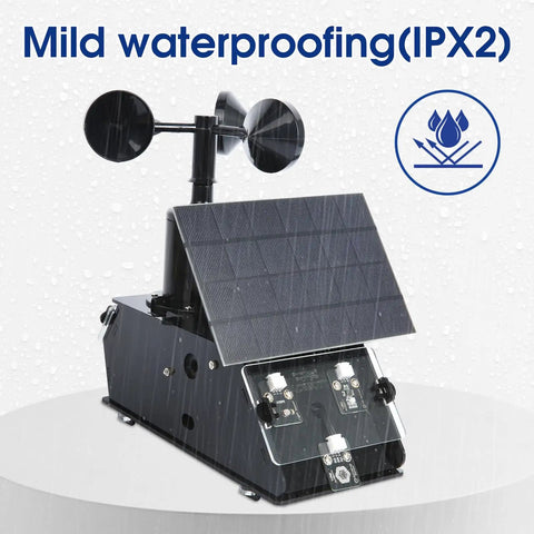 Awesome IoT Weather Station Kit For Indoor Outdoor Use With 8 Sensors And Solar Panel, ESP32 Compatible Arduino IDE Ready STEM Electronics Coding Kit For Teens And Adults. Mild waterproofing IPX2, solar panel and anemometer sensor unit.