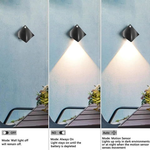 Sthalaxis 3PCS Motion Sensor Wall Lights - Battery Operated LED Wall Sconce Magnetic Wireless Wall Sconces Suitable for Staircases, Hallways, Bedrooms, and Bar Counters (Cold Light) displayed in three settings on the wall.
