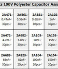 Chart of Capacitor Kit For Electronics Enthusiasts, 24 Mylar Film Capacitor values from 0.22nF to 470nF, 100V, 660-piece box.