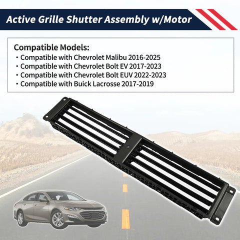 Built Tough Active Radiator Grille Shutter Assembly With Direct Drive Motor For Chevy Malibu 2016 2025 Bolt Ev And Buick Lacrosse 2017 2019, detailed view displaying black grille shutter assembly.