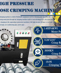 Heavy Duty Electric Hydraulic Hose Crimper And Rock Solid Swage Press For One Quarter To Two Inch Lines With Quick Swap Ten Die Set High Pressure Tube Shrink Assembly Tool 5.4Hp 220V Shop Workhorse showing control panel and crimping mechanism.