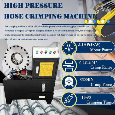 Heavy Duty Electric Hydraulic Hose Crimper And Rock Solid Swage Press For One Quarter To Two Inch Lines With Quick Swap Ten Die Set High Pressure Tube Shrink Assembly Tool 5.4Hp 220V Shop Workhorse showing control panel and crimping mechanism.