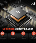 Upgraded circuit board image showing components with heat, shock resistance, and high voltage protection features.