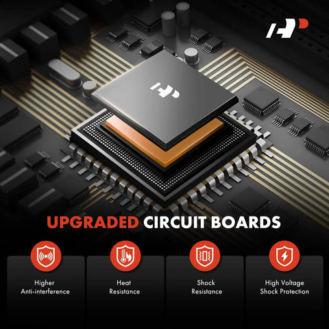 Upgraded circuit board image showing components with heat, shock resistance, and high voltage protection features.