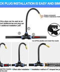 Illustration showing installation process for automatic watering system for potted plants with 360 degree copper sprinklers.