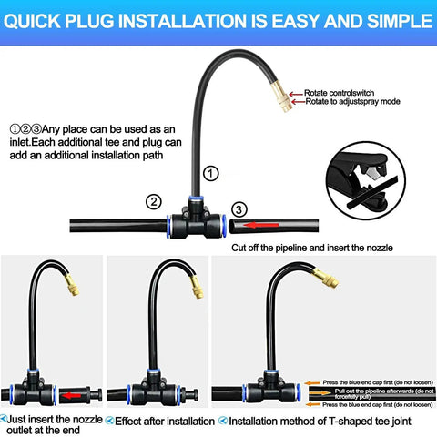 Illustration showing installation process for automatic watering system for potted plants with 360 degree copper sprinklers.