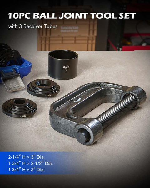 Beefy Ball Joint Press Kit With U Joint Removal Tool And 4x4 Adapters for Most 2WD And 4WD Cars displaying components on table.