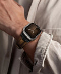 Genuine Top Grain Leather Replacement Strap For Apple Watch Ultra And Series Models featuring a comfy brown band on wrist.