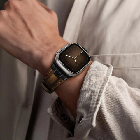 Genuine Top Grain Leather Replacement Strap For Apple Watch Ultra And Series Models featuring a comfy brown band on wrist.
