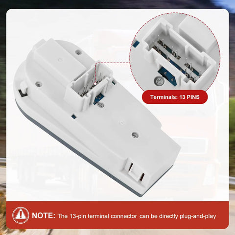 Volvo Truck Front Left Headlight Switch 13 Pin Replacement Part For FH12 FM VNL showing terminal details for plug and play.