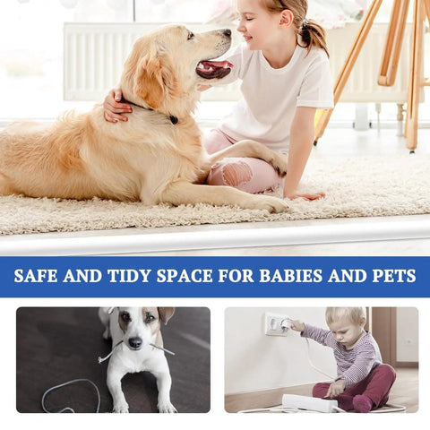 Child and dog in living room with 118 Inch Wall Cord Hider With Self Adhesive Silicone Cable Covers