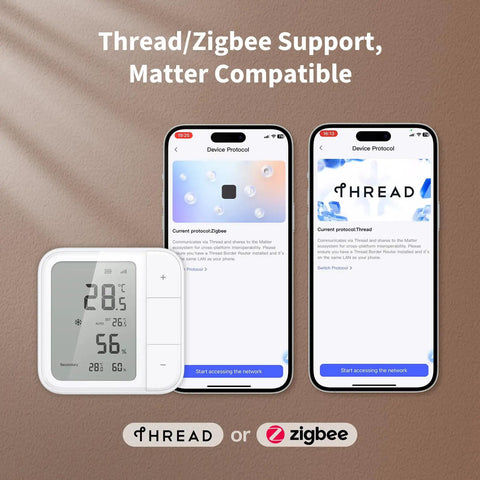 Thread And Zigbee Smart Climate Sensor W100 for temperature and humidity monitoring, with smartphone app interface and logos