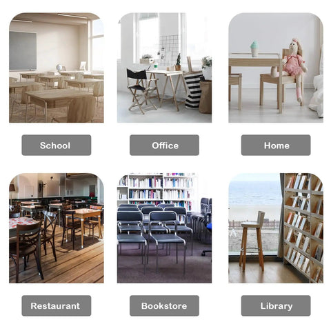 Image showing various settings such as school, office, home, restaurant, bookstore, and library suitable for 4 Pack Glide Chair Leg Covers.