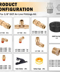 All In One Three Eighths Brass DOT Air Fittings Kit With One Hundred Foot Black Air Line Hose Quick Connects and components
