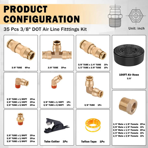 All In One Three Eighths Brass DOT Air Fittings Kit With One Hundred Foot Black Air Line Hose Quick Connects and components