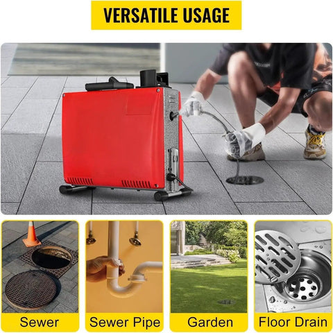 Powerful 250W Electric Handheld Drain Auger Snake for Sink, Toilet, and Pipe Clogs, shown unclogging drains.