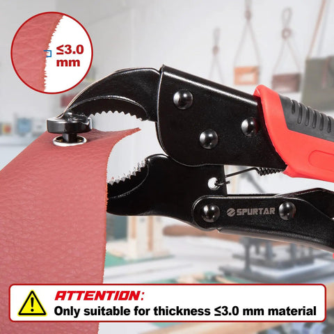 Close-up of Heavy Duty Snap Fastener Tool with Adjustable Plier pressing 15mm button on fabric, max thickness 3.0 mm displayed