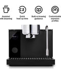 Front view of Espresso Machine With 58mm Portafilter, Fast Two Minute Heat Up, Pressure Profiling, Matte Black Finish, and built-in guidance.