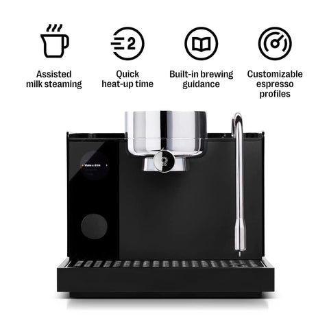 Front view of Espresso Machine With 58mm Portafilter, Fast Two Minute Heat Up, Pressure Profiling, Matte Black Finish, and built-in guidance.