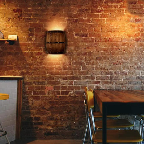 Antique Wood Wine Barrel Wall Sconce For Bar Area With Up And Down Lighting Steampunk Vibe Indoor Wall Lamp Classic Nautical Beer And Whiskey Theme E12 Socket Bulbs Not Included 1 Pack on exposed brick wall.