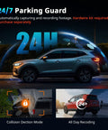 Side view of a car showcasing 24/7 parking guard feature for Dual Dash Cam Front And Rear For Cars 4K Plus 2K Video With 64GB Card Included 5G Wi Fi And App G Sensor 3.2 Inch Screen 24 Hour Parking Mode 170 Degree Wide Angle Night Vision.