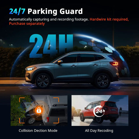 Side view of a car showcasing 24/7 parking guard feature for Dual Dash Cam Front And Rear For Cars 4K Plus 2K Video With 64GB Card Included 5G Wi Fi And App G Sensor 3.2 Inch Screen 24 Hour Parking Mode 170 Degree Wide Angle Night Vision.