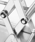 Close-up of stainless steel lab jack stand with scissor lift, 4x4 in platform, adjustable 50–150 mm, set of 2