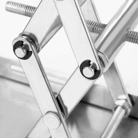 Close-up of stainless steel lab jack stand with scissor lift, 4x4 in platform, adjustable 50–150 mm, set of 2