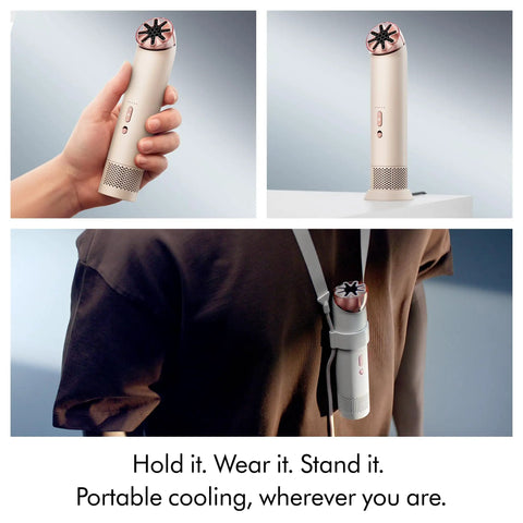 HushJet Mini Personal Fan With Quiet Evaporative Cooling, held in hand, shown on desk, and worn around neck, in stone and blush.
