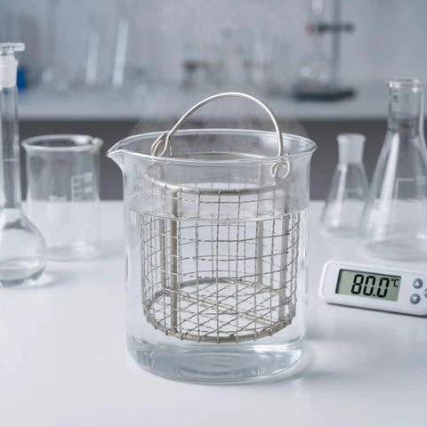 Healeved Stainless Steel Fine Mesh Cleaning Basket With Swinging Handle For Jewelry Watch Parts And Ultrasonic Cleaning In Industrial Lab Applications showing in hot water.