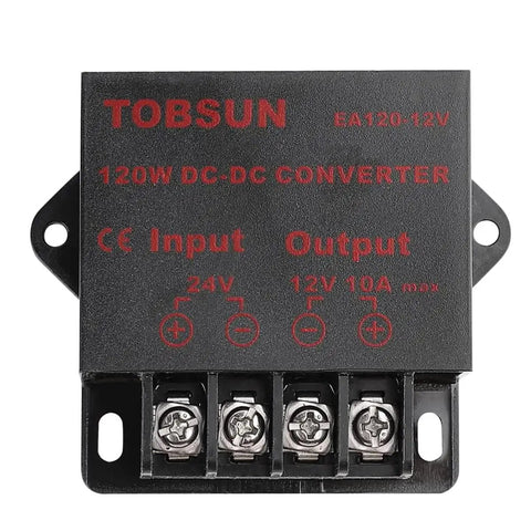 Front view of DC 24V To 12V Buck Converter Module 12V Output 10A 120W High Efficiency Voltage Regulator For 18V-32V Input with connectors.