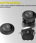 Close-up of 10 Pack Round Rocker Switch 12V On Off DC 2 Pin SPST Toggle Switch 20mm with wiring detail and easy install text.