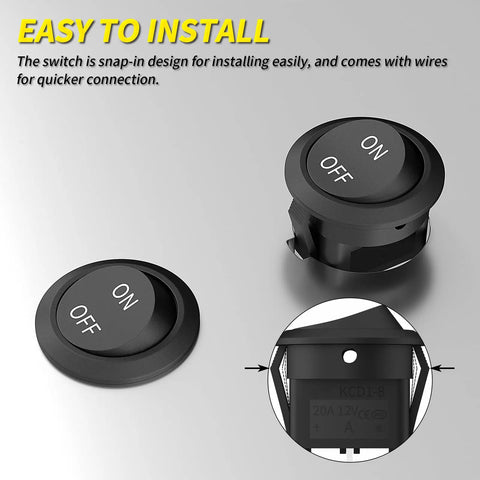 Close-up of 10 Pack Round Rocker Switch 12V On Off DC 2 Pin SPST Toggle Switch 20mm with wiring detail and easy install text.