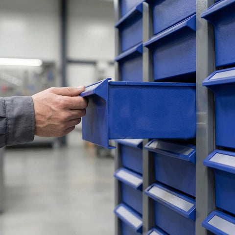 Close-up of a hand using the Heavy Duty 48 Drawer Steel Parts Cabinet With Abs Drawers And Clear Labels For Screws Bolts Nuts Tools And Small Parts