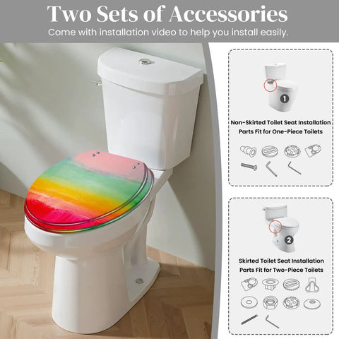 Round Resin Toilet Seat for Bathroom with vibrant colors installed on a toilet, includes installation accessories guide.