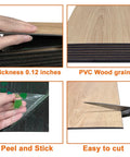 Slick 3D Black Oak Wood Slat Panels Peel And Stick Acoustic Foam Blocks showing thickness, PVC wood grain, and easy cut features.