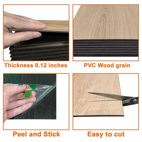 Slick 3D Black Oak Wood Slat Panels Peel And Stick Acoustic Foam Blocks showing thickness, PVC wood grain, and easy cut features.