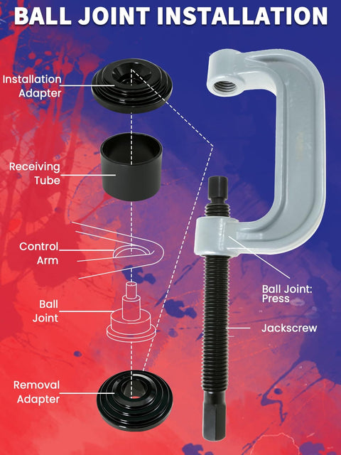 Diagram of 10 Piece Ball Joint Press Kit With U Joint Removal Tool And 4x4 Adapters For Most 2WD And 4WD Vehicles And Light Trucks