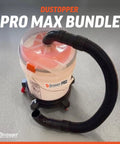 Premium Cyclone Dust Collector Kit With Reinforced Five Gallon Bucket And Rock Solid Rolling Dolly For Shop Vacs on work surface with hose.
