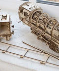 Handcrafted Locomotive With Tender Mechanical 3D Puzzle, Wooden Construction Set For Adults, Realistic Steam Train Build Kit, Perfect Gift For Christmas And Thanksgiving, Great For Craft Lovers. wooden train kit parts on table