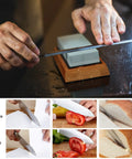 Knife Sharpening Stone Set With 4 Sides Grit 400 1000 And 3000 8000 Water Stones All In One Whetstone Kit demonstrating knife sharpening and results.