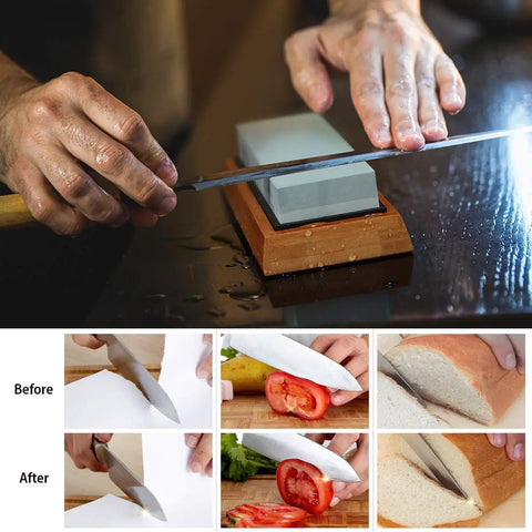 Knife Sharpening Stone Set With 4 Sides Grit 400 1000 And 3000 8000 Water Stones All In One Whetstone Kit demonstrating knife sharpening and results.