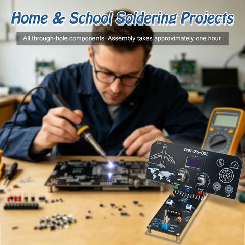 Person soldering components on a circuit board, featuring the Straight Up DIY Flight Simulator Soldering Kit With Interactive LCD Display.