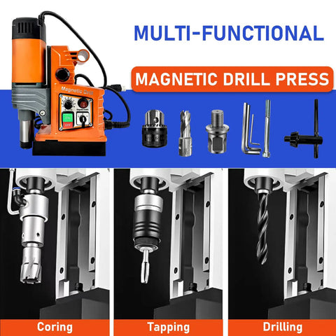 High Octane Magnetic Drill Press With Variable Speed 1400W Heavy Hitter For Rigid Metals portable with accessories and different drilling applications.